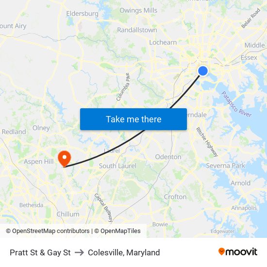 Pratt St & Gay St to Colesville, Maryland map