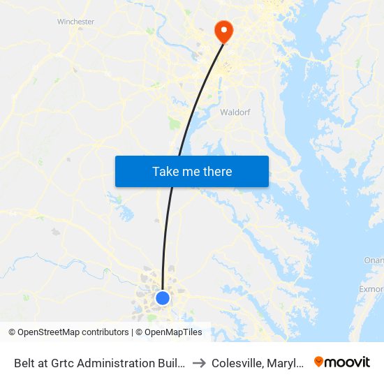 Belt at Grtc Administration Building to Colesville, Maryland map