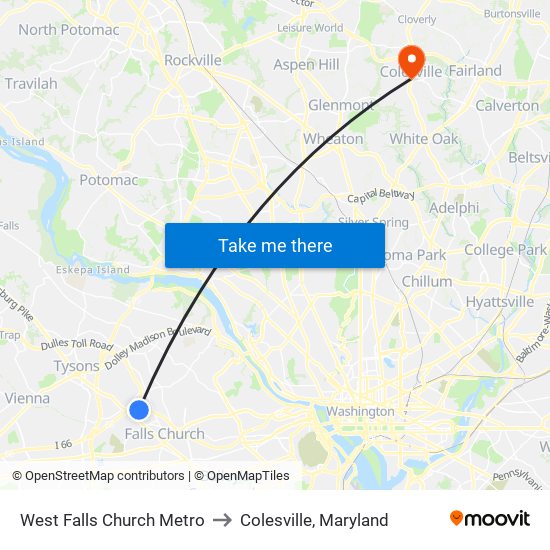 West Falls Church Metro to Colesville, Maryland map