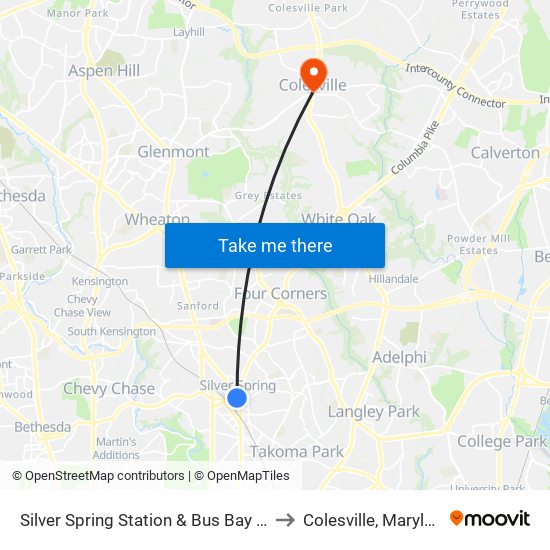 Silver Spring Station & Bus Bay E&F to Colesville, Maryland map