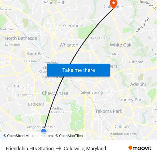 Friendship Hts Station to Colesville, Maryland map