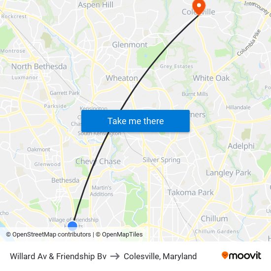 Willard Av & Friendship Bv to Colesville, Maryland map