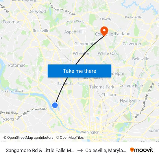 Sangamore Rd & Little Falls Mall to Colesville, Maryland map