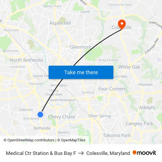 Medical Ctr Station & Bus Bay F to Colesville, Maryland map