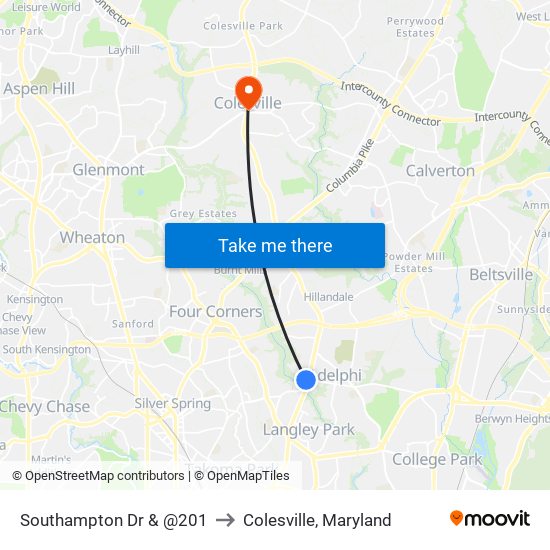 Southampton Dr & @201 to Colesville, Maryland map