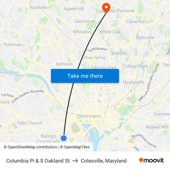 Columbia Pi & S Oakland St to Colesville, Maryland map