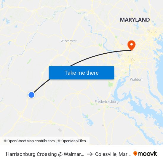 Harrisonburg Crossing @ Walmart (Shelter) to Colesville, Maryland map