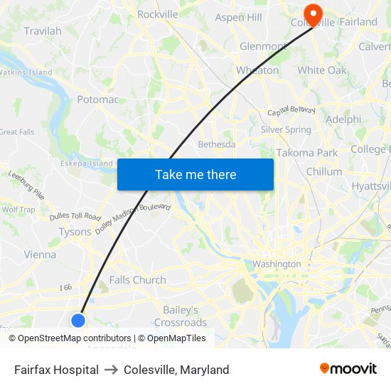 Inova Fairfax Hospital to Colesville, Maryland map