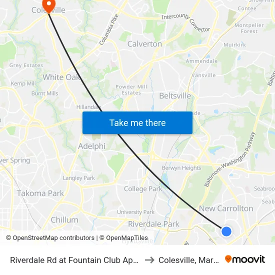 Riverdale Rd at Fountain Club Apartments to Colesville, Maryland map