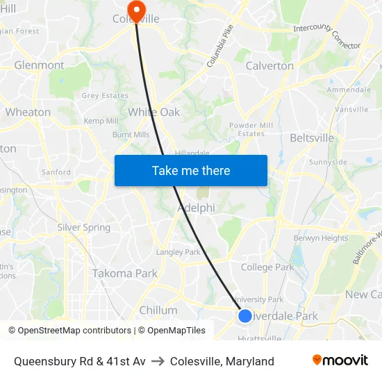 Queensbury Rd & 41st Av to Colesville, Maryland map