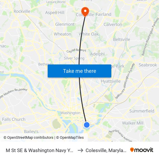 M St SE & Washington Navy Yard to Colesville, Maryland map