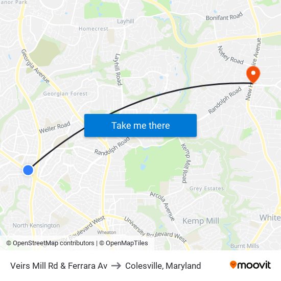 Veirs Mill Rd & Ferrara Av to Colesville, Maryland map