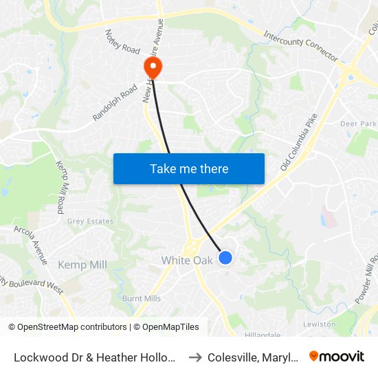 Lockwood Dr & Heather Hollow Cir to Colesville, Maryland map