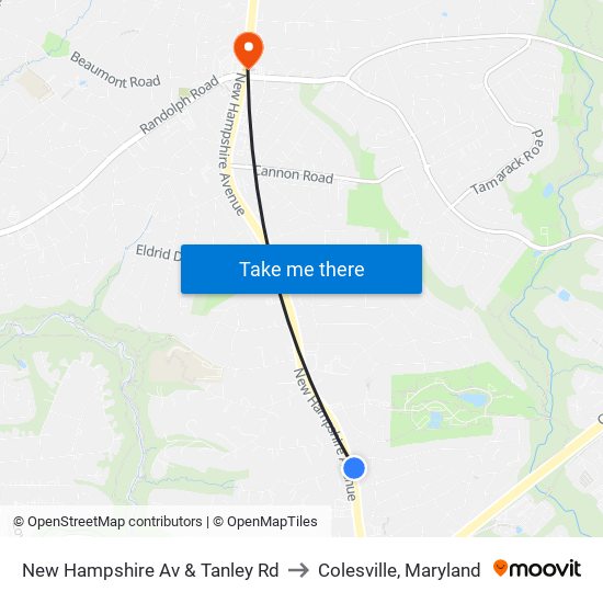 New Hampshire Av & Tanley Rd to Colesville, Maryland map