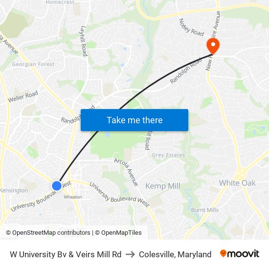 W University Bv & Veirs Mill Rd to Colesville, Maryland map