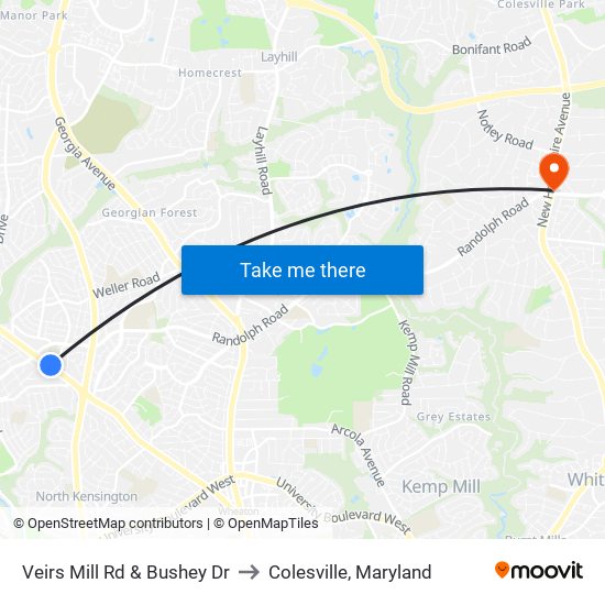 Veirs Mill Rd & Bushey Dr to Colesville, Maryland map