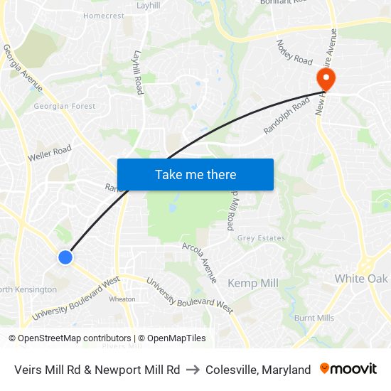 Veirs Mill Rd & Newport Mill Rd to Colesville, Maryland map