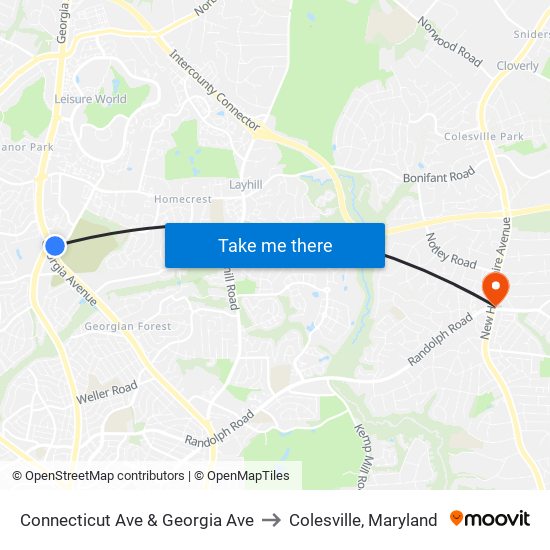 Connecticut Ave & Georgia Ave to Colesville, Maryland map