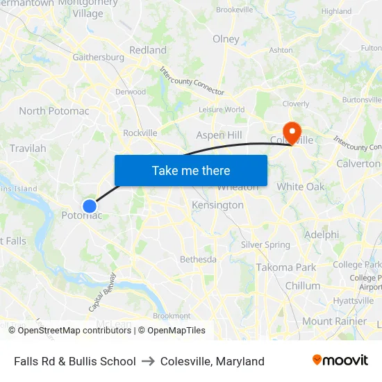 Falls Rd & Bullis School to Colesville, Maryland map