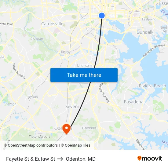 Fayette St & Eutaw St to Odenton, MD map