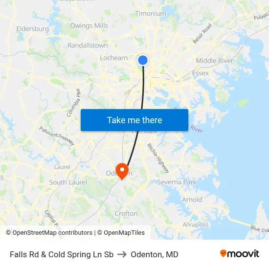 Falls Rd & Cold Spring Ln Sb to Odenton, MD map