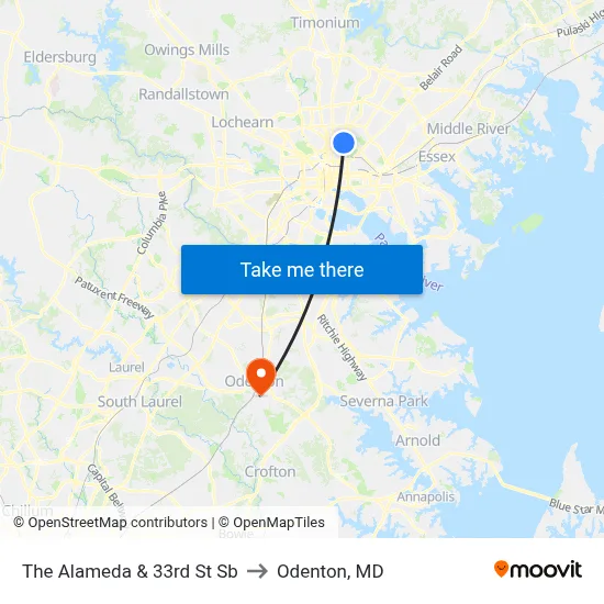 The Alameda & 33rd St Sb to Odenton, MD map