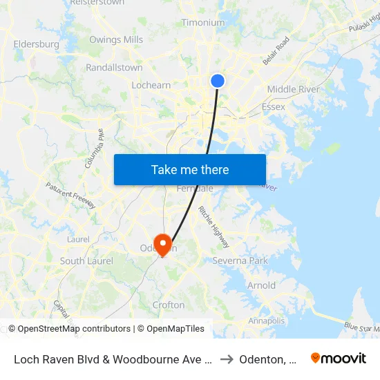 Loch Raven Blvd & Woodbourne Ave Nb to Odenton, MD map