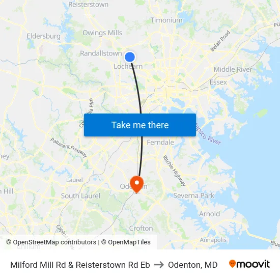 Milford Mill Rd & Reisterstown Rd Eb to Odenton, MD map