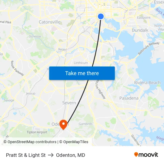 Pratt St & Light St to Odenton, MD map