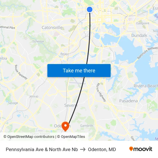 Pennsylvania Ave & North Ave Nb to Odenton, MD map