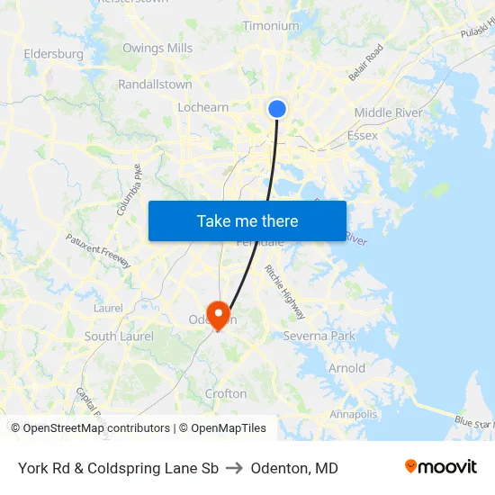 York Rd & Coldspring Lane Sb to Odenton, MD map