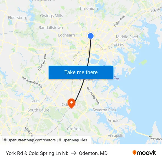 York Rd & Cold Spring Ln Nb to Odenton, MD map