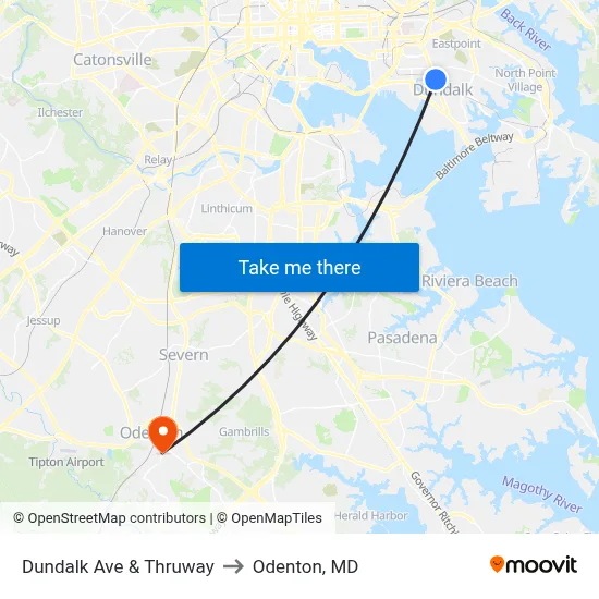 Dundalk Ave & Thruway to Odenton, MD map