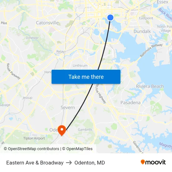 Eastern Ave & Broadway to Odenton, MD map
