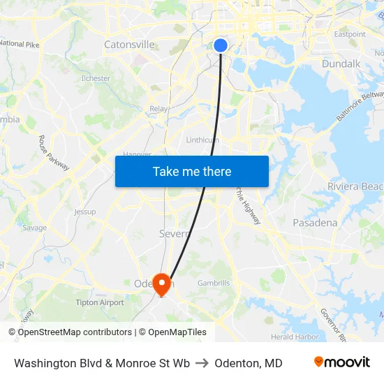 Washington Blvd & Monroe St Wb to Odenton, MD map