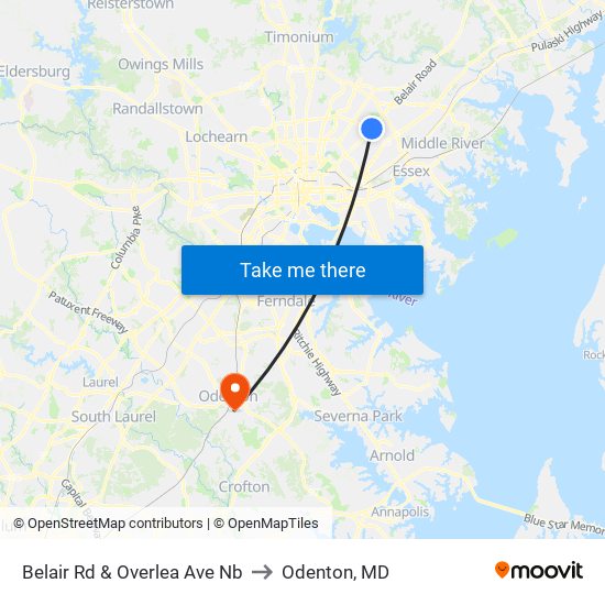 Belair Rd & Overlea Ave Nb to Odenton, MD map