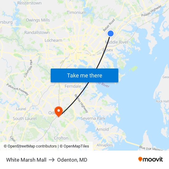 White Marsh Mall to Odenton, MD map