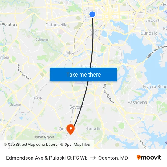 Edmondson Ave & Pulaski St FS Wb to Odenton, MD map