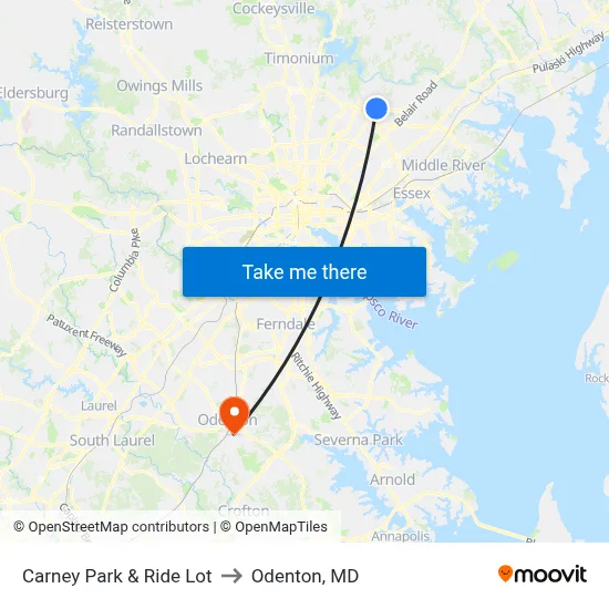 Carney Park & Ride Lot to Odenton, MD map
