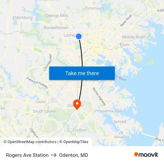 Rogers Ave Station to Odenton, MD map