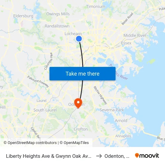 Liberty Heights Ave & Gwynn Oak Ave FS to Odenton, MD map