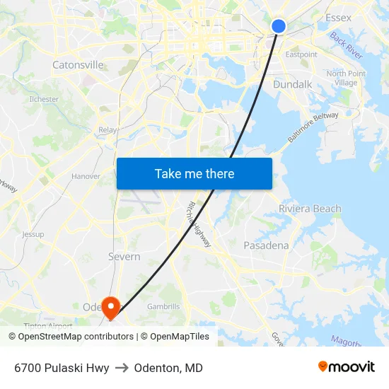 6700 Pulaski Hwy to Odenton, MD map