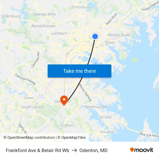 Frankford Ave & Belair Rd Wb to Odenton, MD map