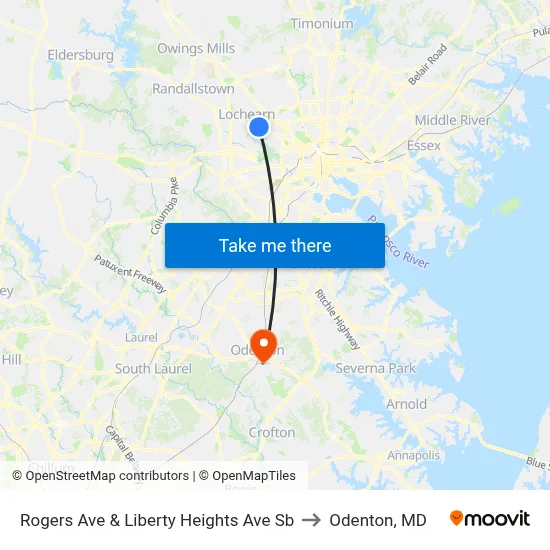 Rogers Ave & Liberty Heights Ave Sb to Odenton, MD map