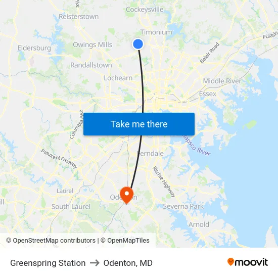 Greenspring Station to Odenton, MD map