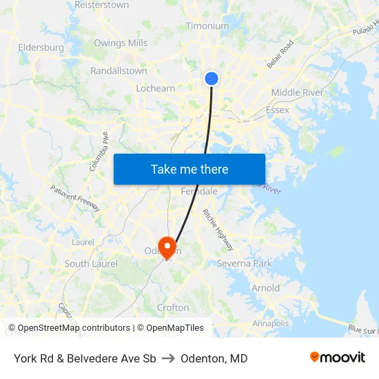 York Rd & Belvedere Ave Sb to Odenton, MD map