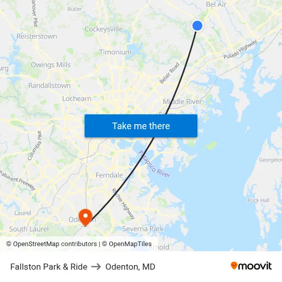 Fallston Park & Ride to Odenton, MD map