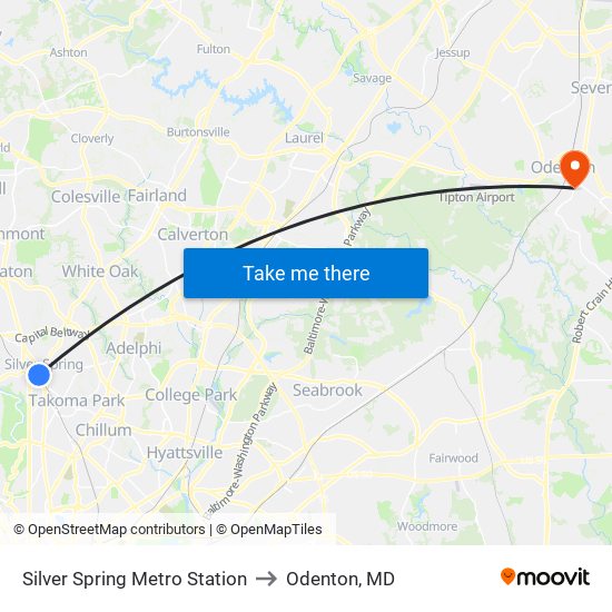 Silver Spring Metro Station to Odenton, MD map