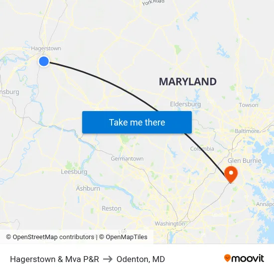 Hagerstown & Mva P&R to Odenton, MD map