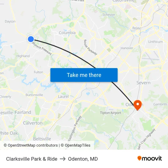 Clarksville Park & Ride to Odenton, MD map